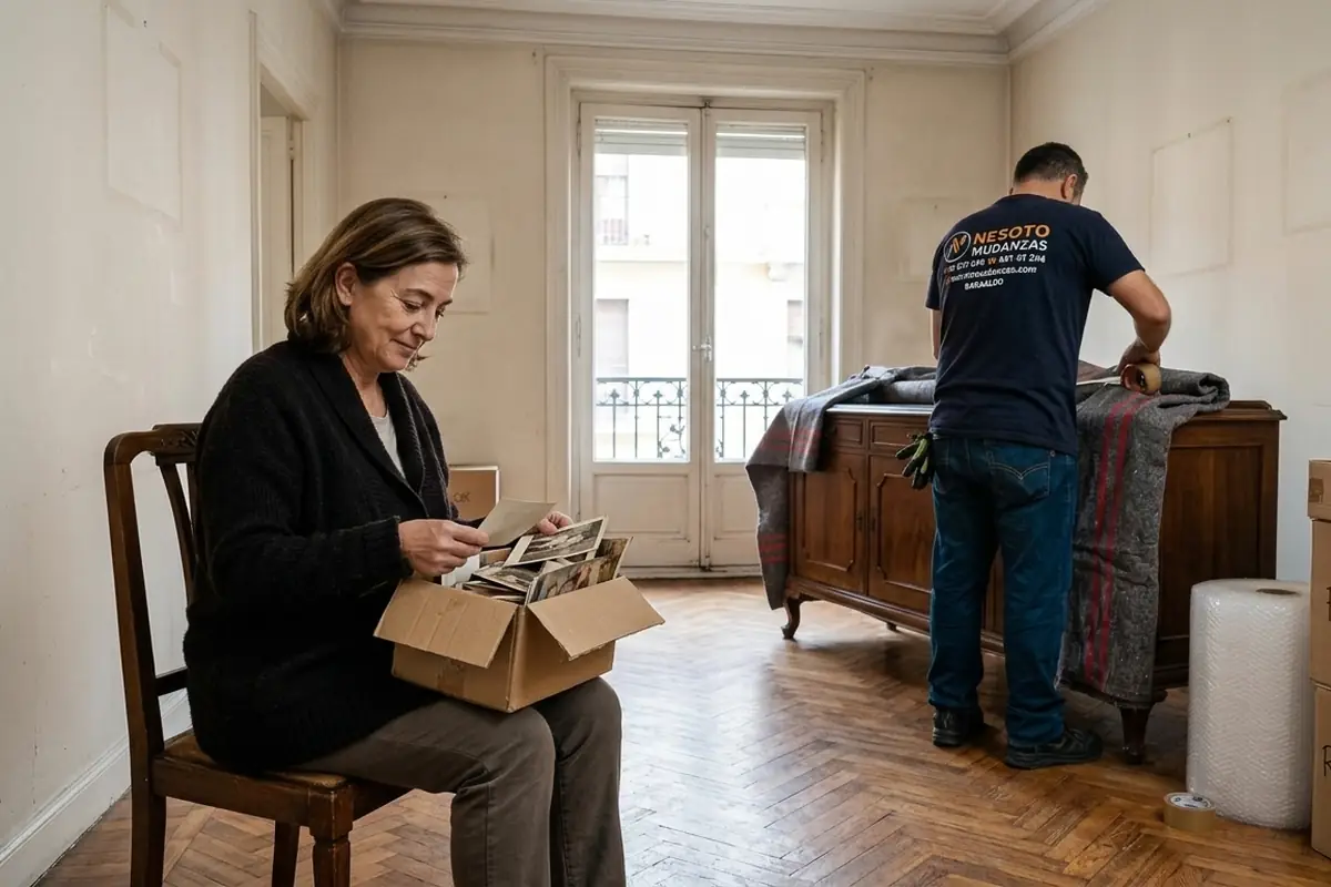 Mujer revisando una caja de fotografías antiguas en un piso que se vacía, mientras un operario de NESOTO protege un aparador
