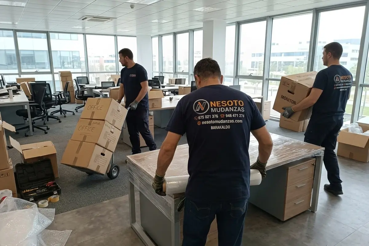 Mudanza de oficina en Bizkaia: operarios de NESOTO trasladando cajas y mesas de trabajo
