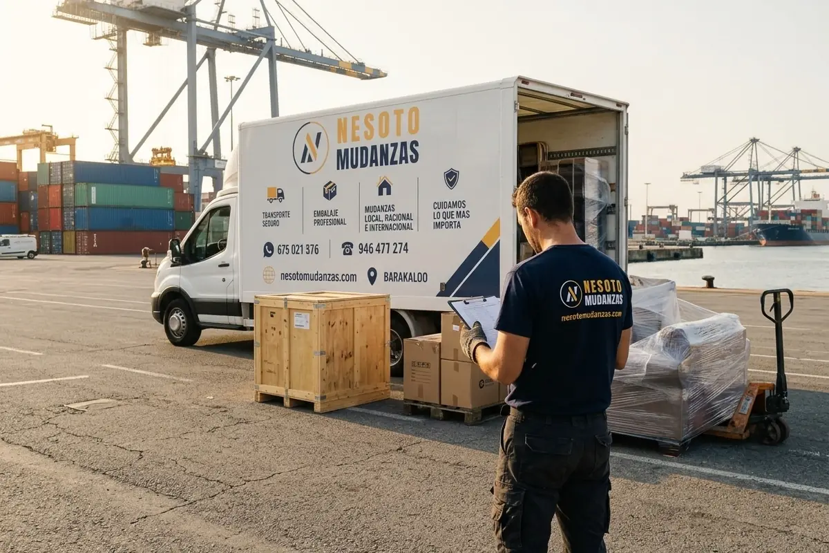 Camión de mudanzas NESOTO en un puerto con cajas de madera para mudanzas internacionales a Europa