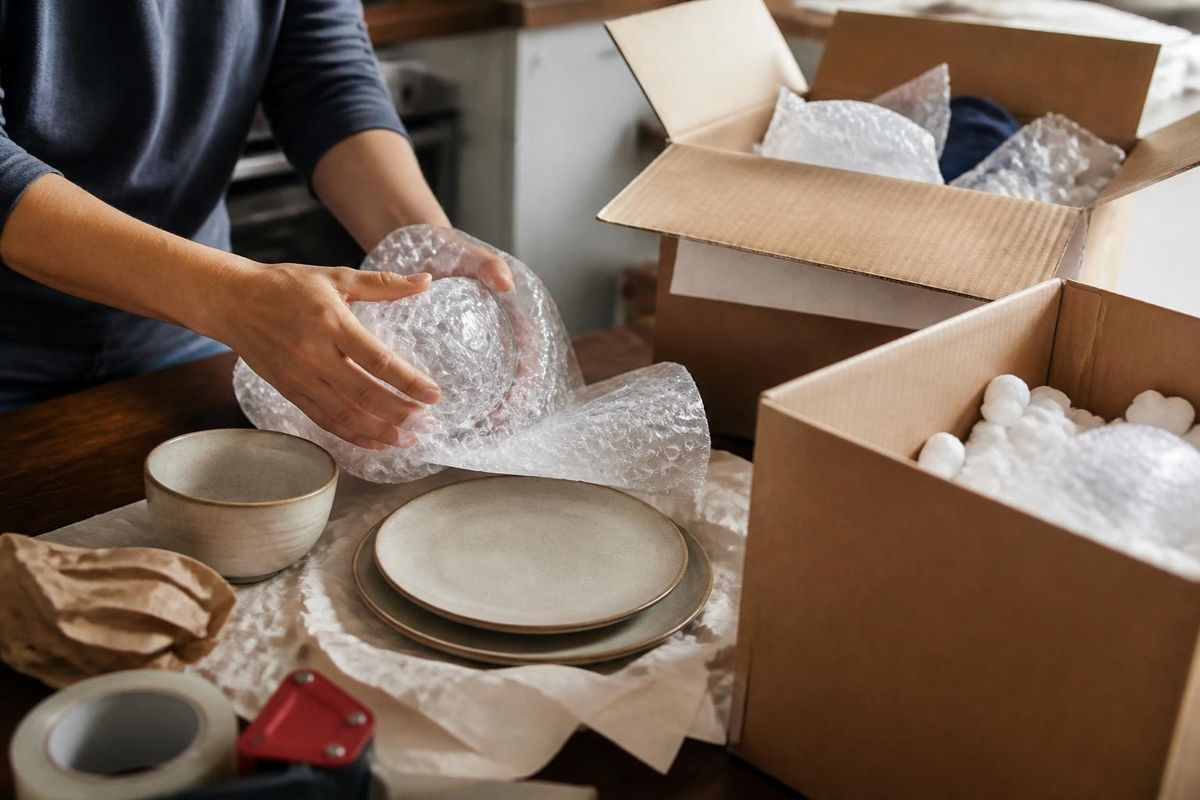 Embalaje para mudanzas: manos envolviendo vajilla con plástico de burbuja junto a cajas