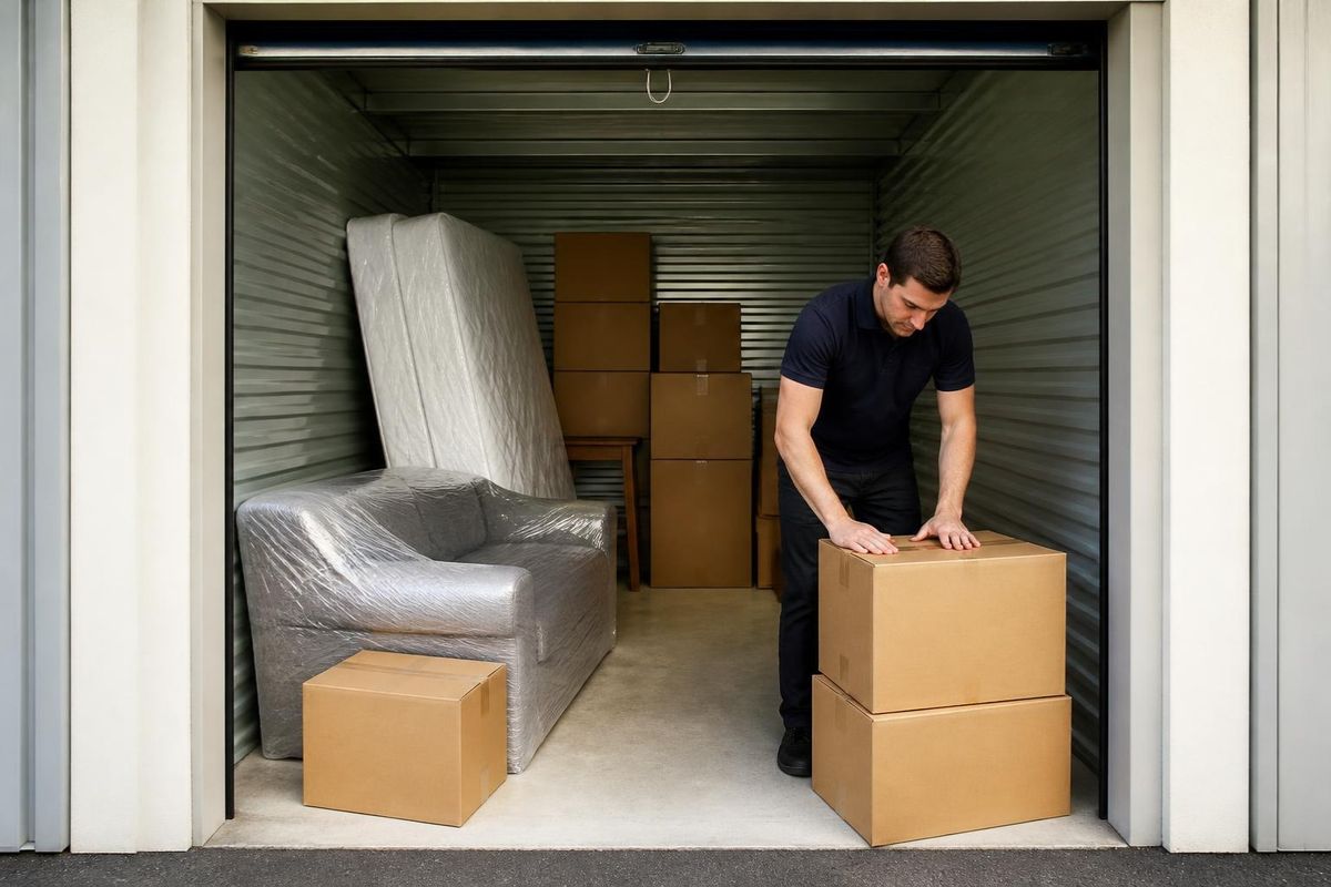Guardamuebles y trastero: sofá, colchón y cajas guardados de forma ordenada