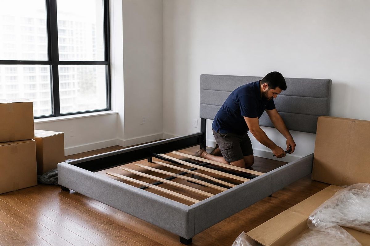 Montaje de muebles: operario montando una cama en un dormitorio de un piso nuevo
