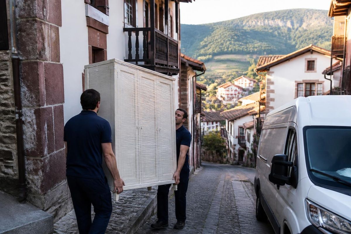 Mozos de mudanza cargando un armario por una calle empinada en Bizkaia