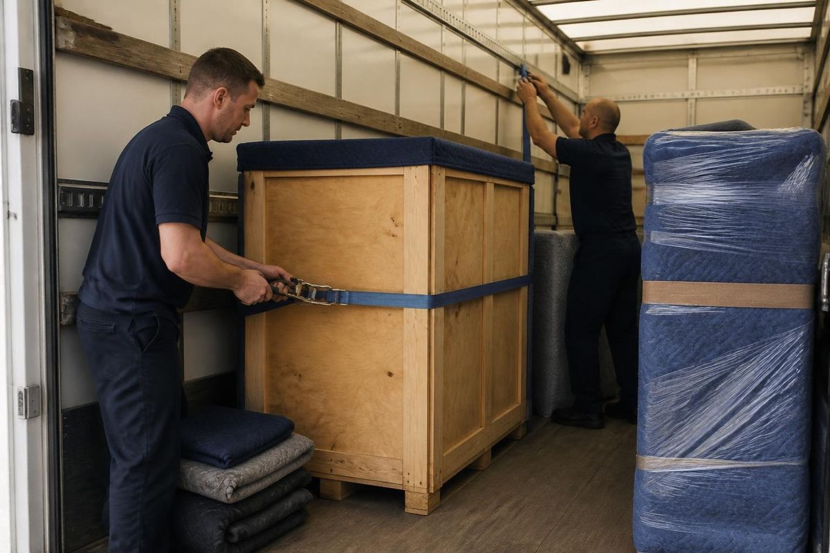 Mudanzas internacionales: caja de madera reforzada asegurada con correas en un camión