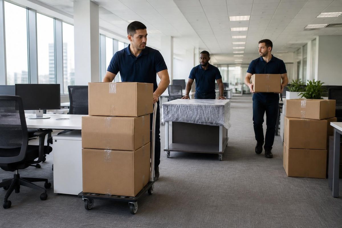 Mudanzas de oficinas en Bizkaia: equipo trasladando cajas y un escritorio en una oficina diáfana