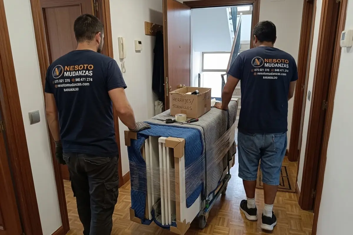 Operarios de NESOTO transportando paneles de un armario desmontado protegidos con mantas y cantoneras