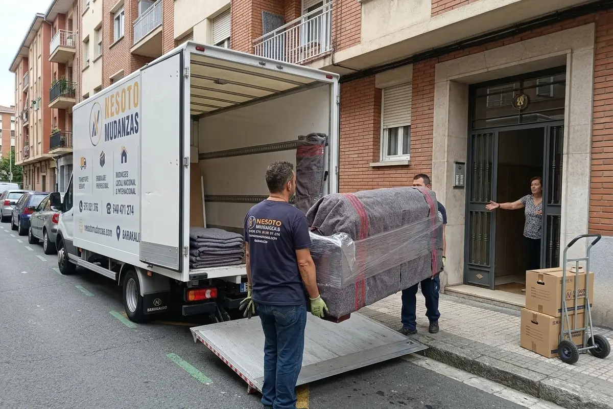 Operarios de NESOTO descargando muebles protegidos del camión en la nueva vivienda del cliente