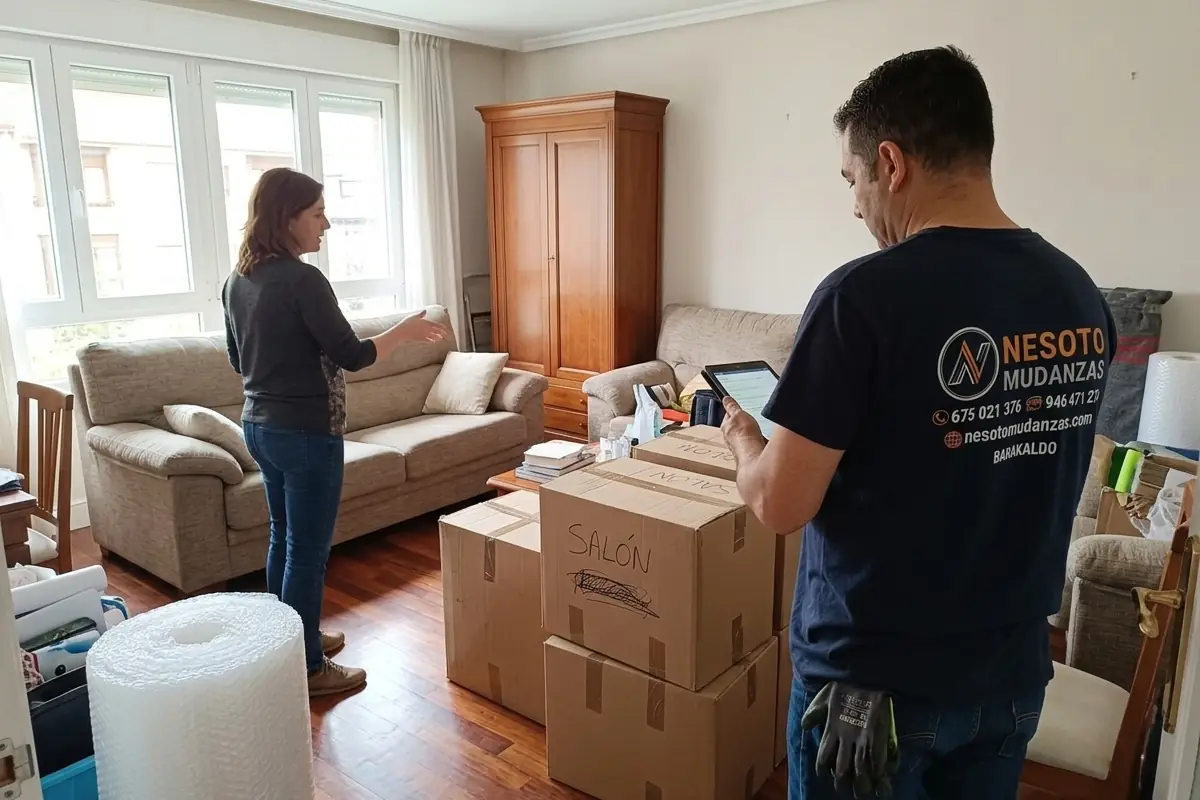 Operario de NESOTO valorando con una tablet los muebles y cajas que se llevarán al guardamuebles