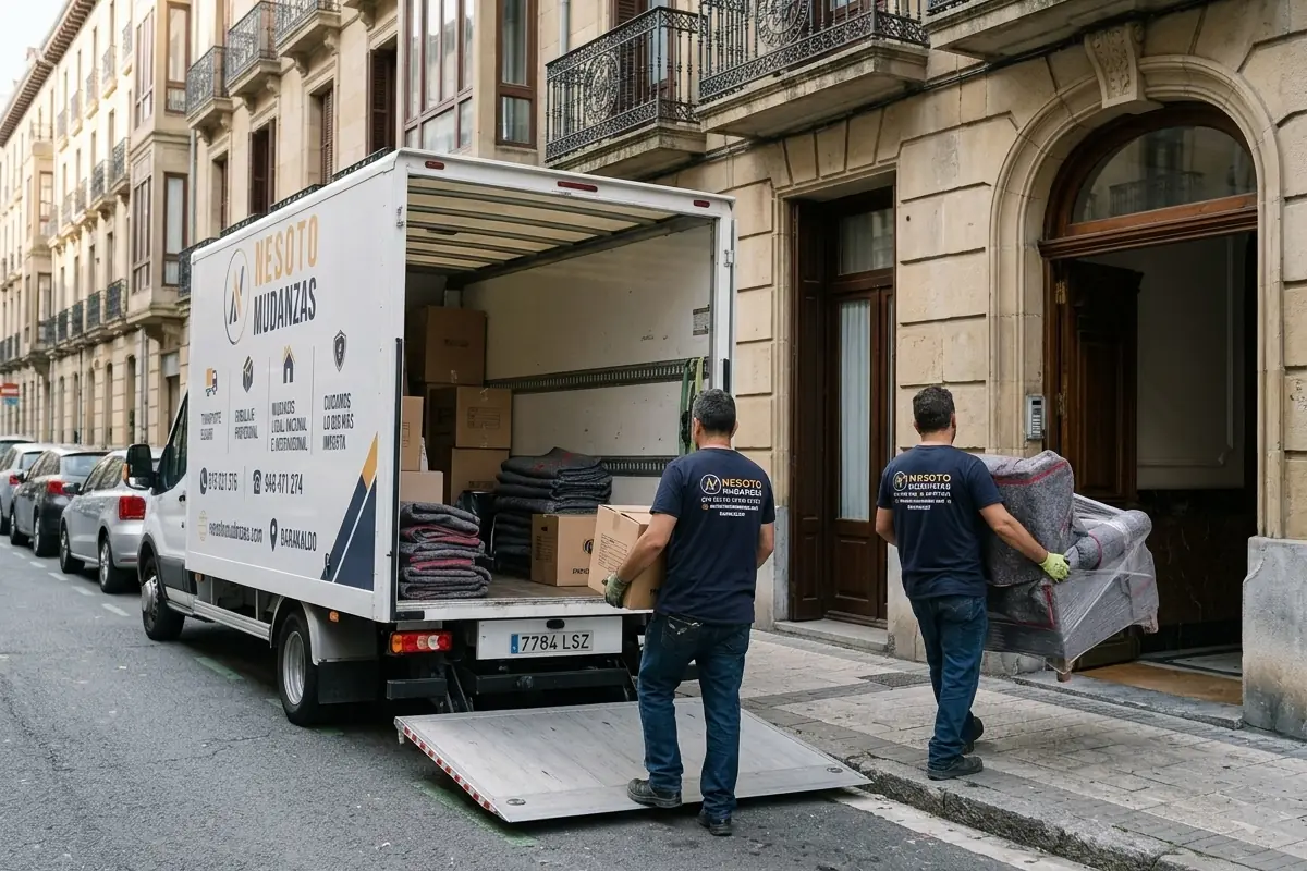 Camión de NESOTO descargando muebles en una calle de una ciudad europea en una mudanza internacional