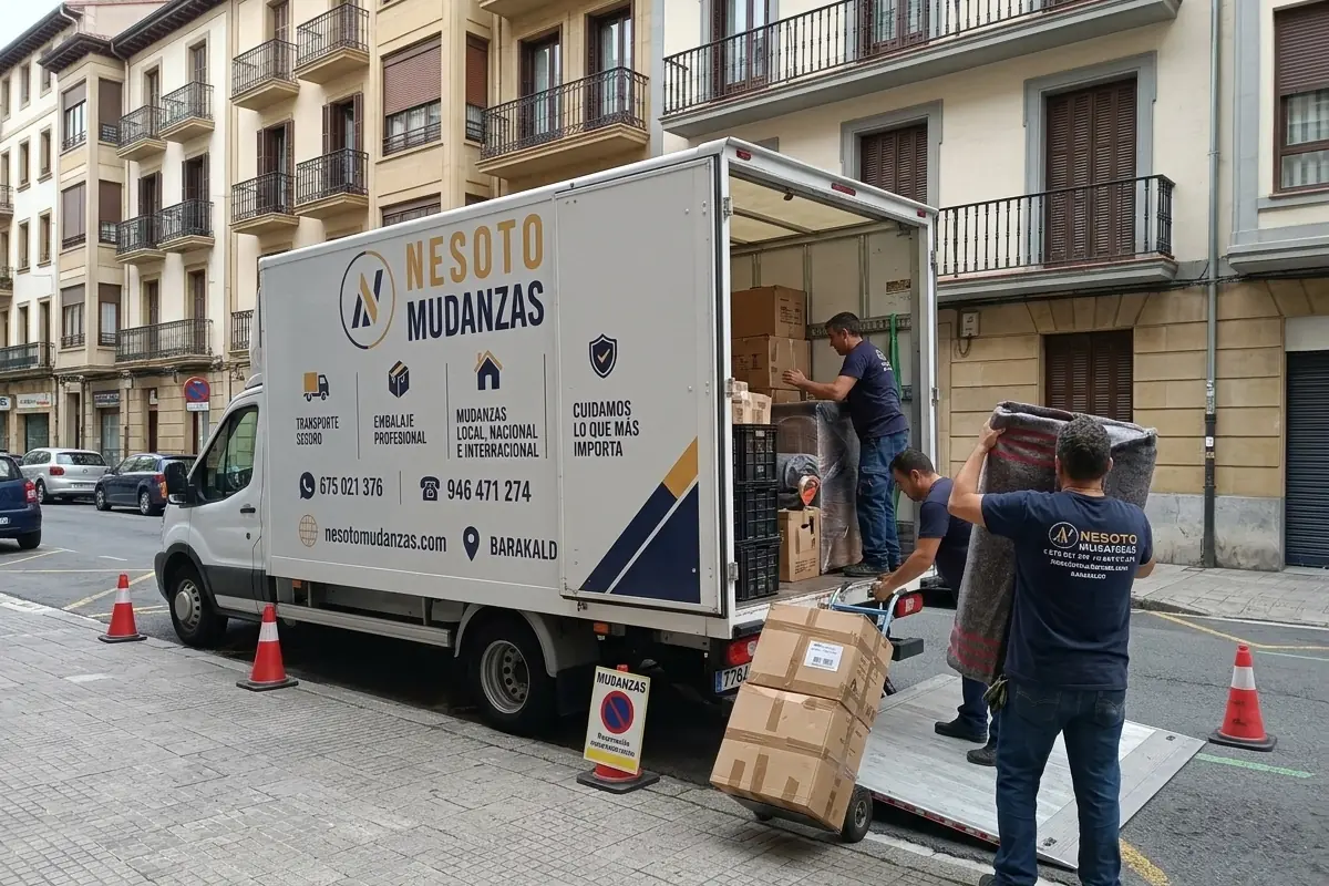 Operarios de NESOTO cargando muebles y cajas en el camión para una mudanza nacional