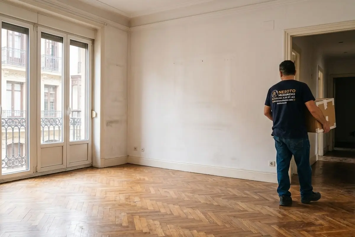 Piso completamente vacío y limpio tras el vaciado, con un operario de NESOTO saliendo con la última caja