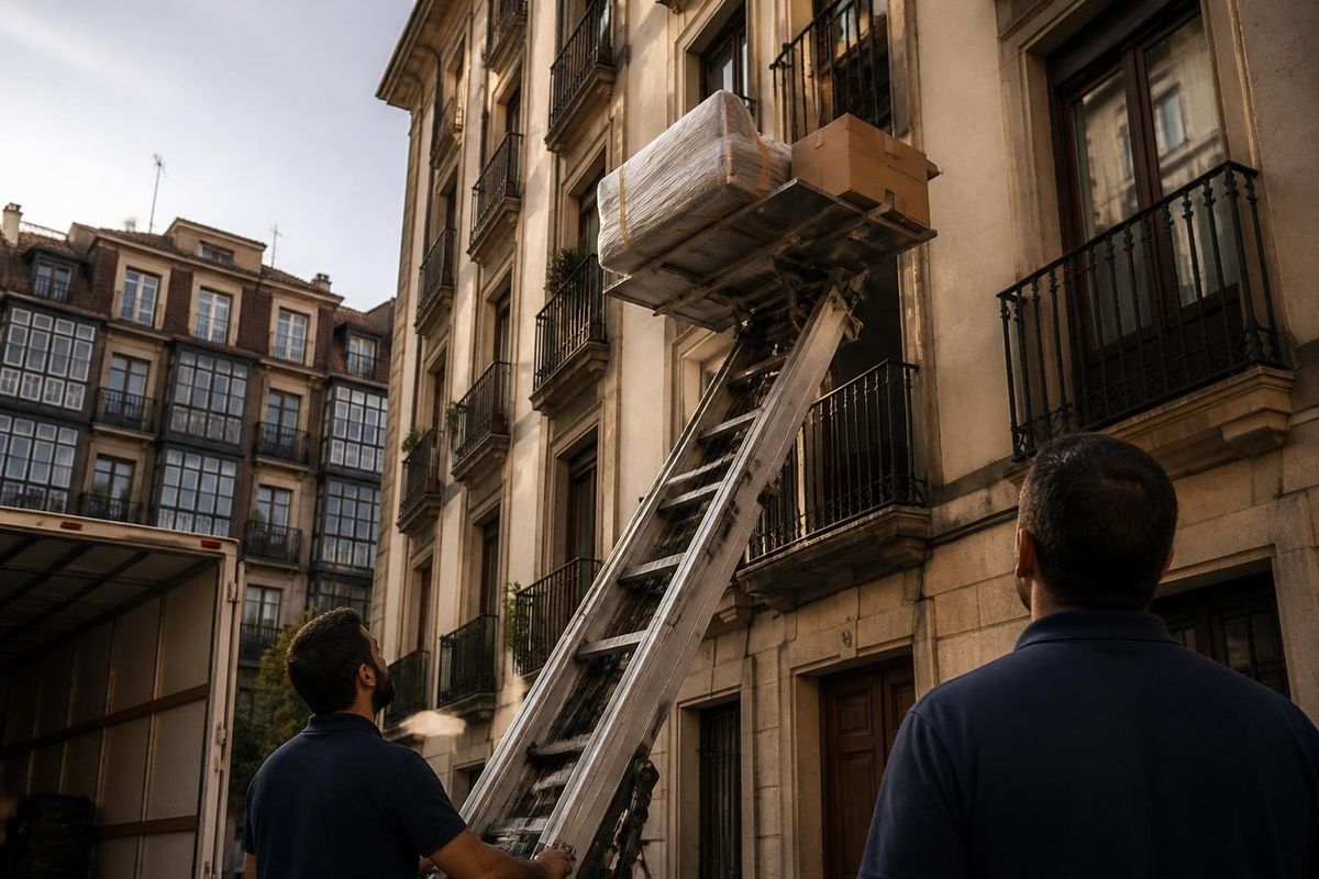 Plataforma elevadora para mudanzas subiendo muebles por la fachada de un edificio en Bizkaia