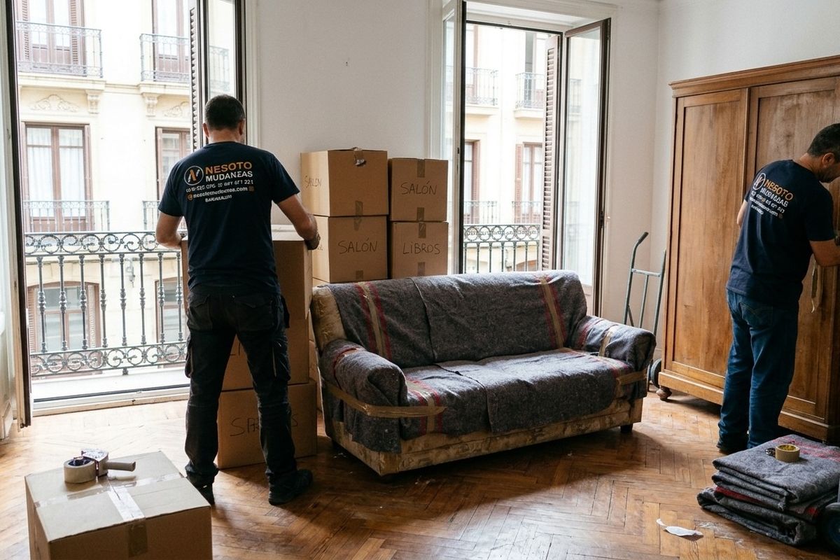 Vaciado de pisos en Bilbao: operarios de NESOTO protegiendo un sofá y un armario en un salón con cajas