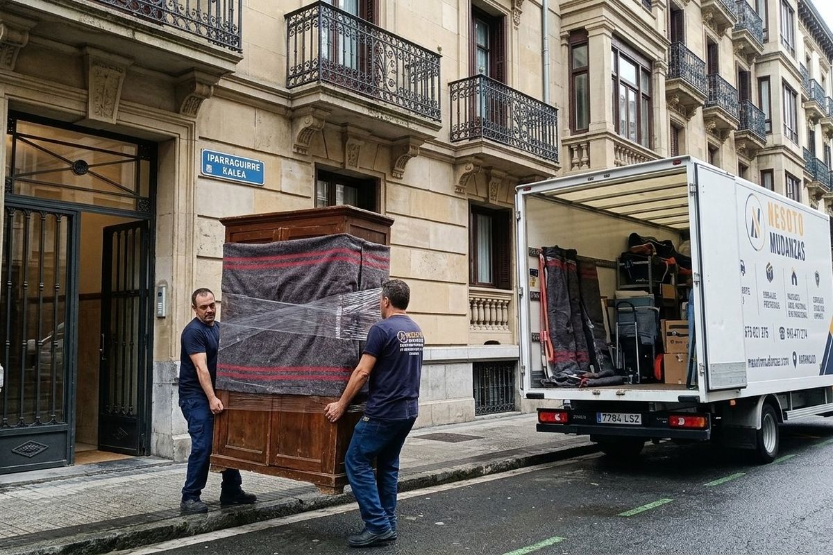 Vaciado de pisos en Bizkaia: dos operarios sacando un armario protegido por el portal junto al camión de NESOTO