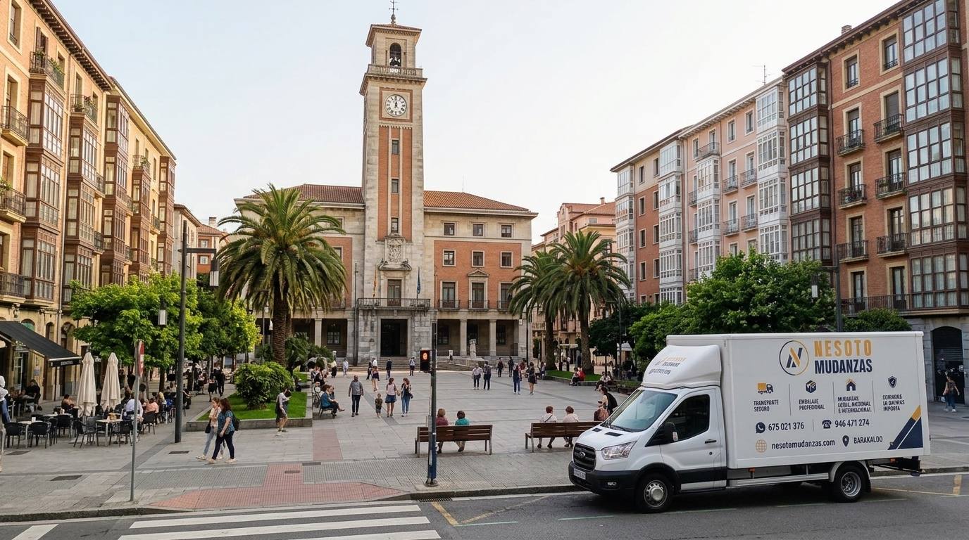 Camión de mudanzas NESOTO en la plaza del Ayuntamiento y la torre del reloj de Barakaldo