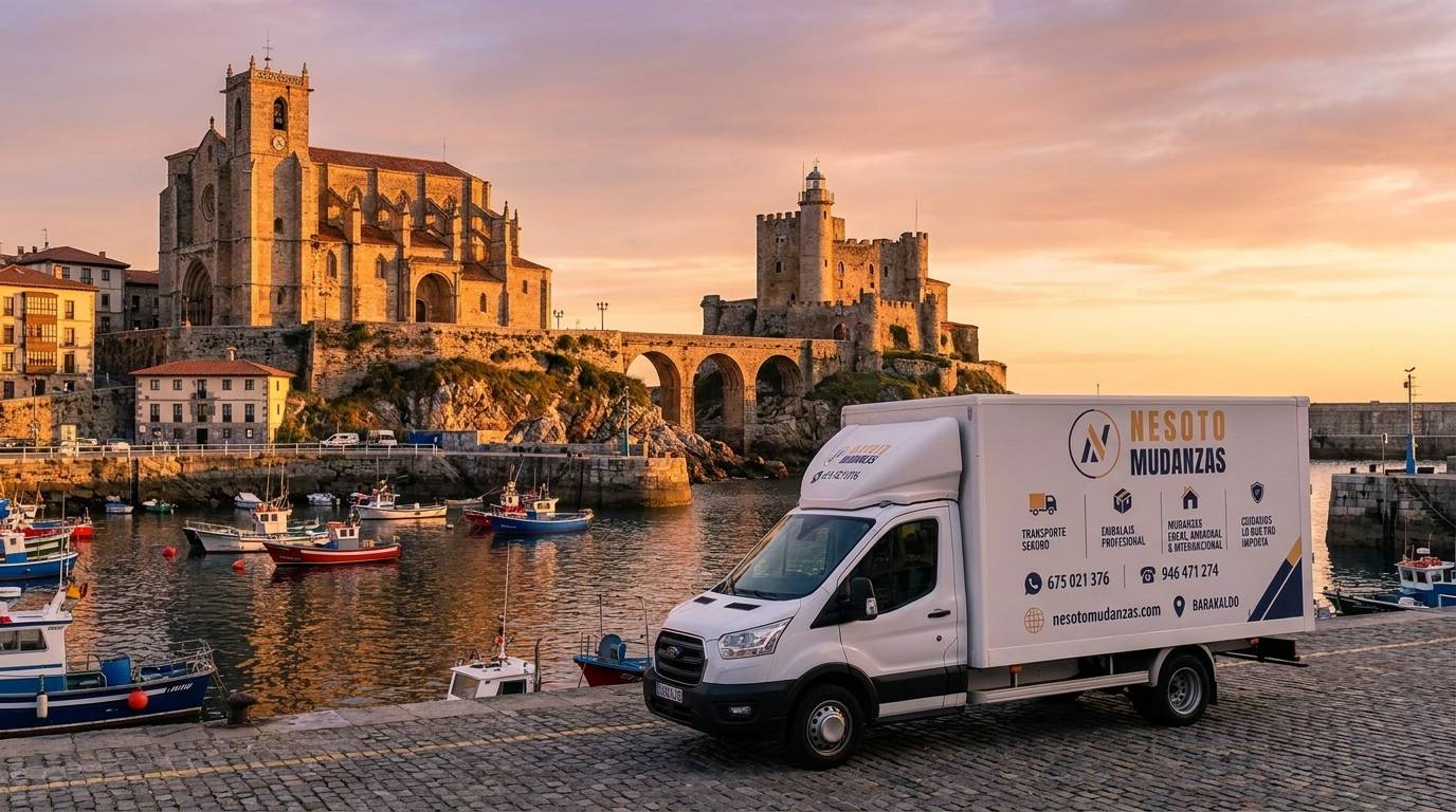Camión de mudanzas NESOTO en el puerto de Castro Urdiales, con la iglesia de Santa María y el castillo-faro