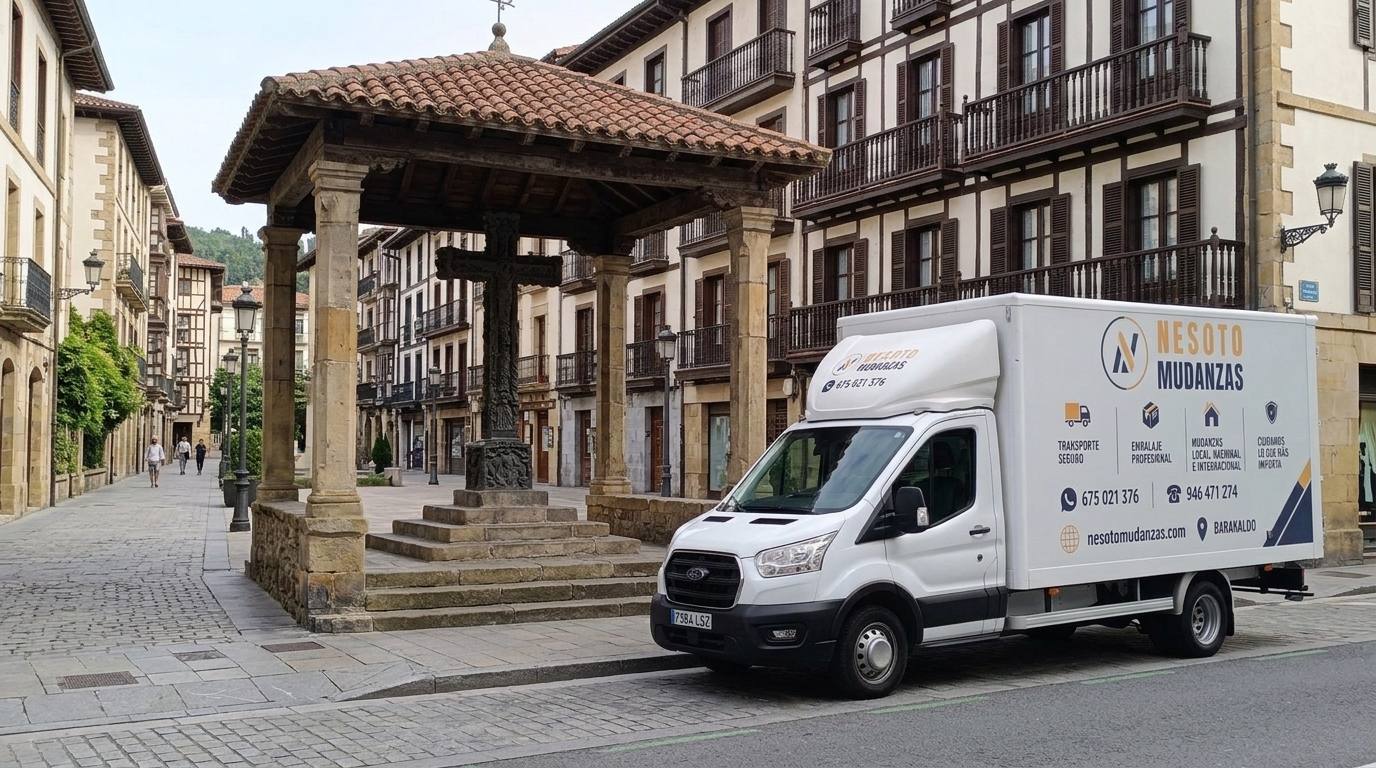 Camión de mudanzas NESOTO junto a la cruz de Kurutziaga, en Durango