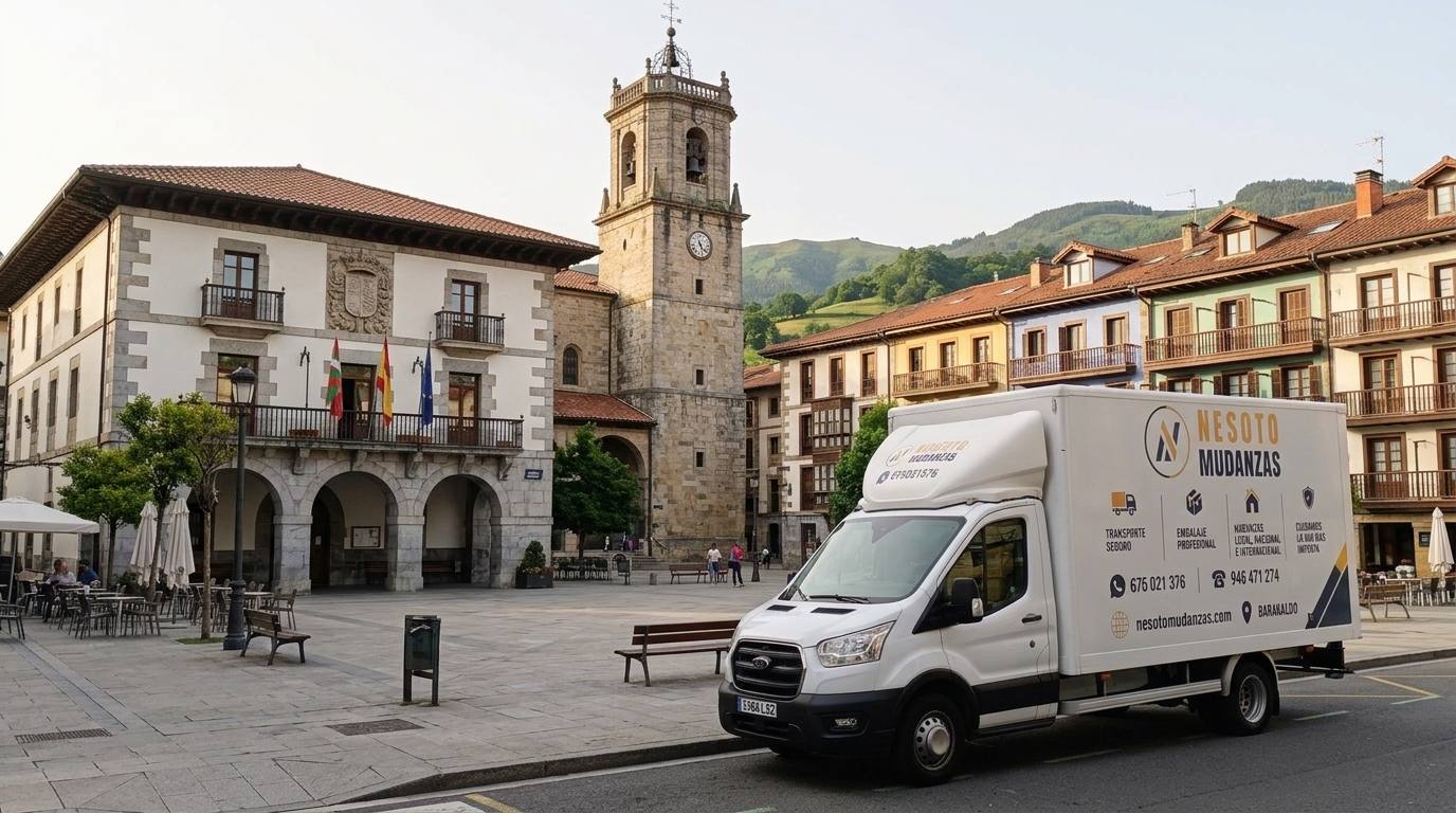 Camión de mudanzas NESOTO en la plaza del Ayuntamiento y la iglesia de Mungia