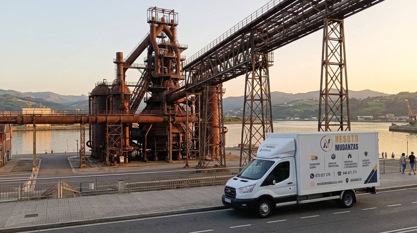 Camión de mudanzas NESOTO ante el Horno Alto n.º 1 de Sestao