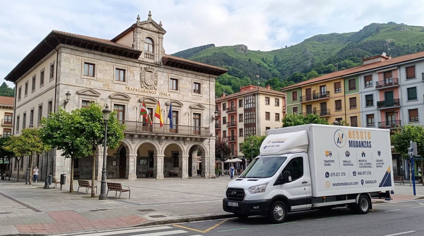 Camión de mudanzas NESOTO frente al Ayuntamiento de Trapagaran